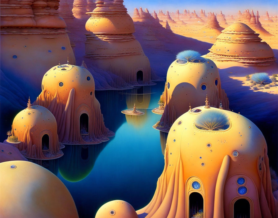 Fantasy landscape: Orange-domed structures near serene blue waters