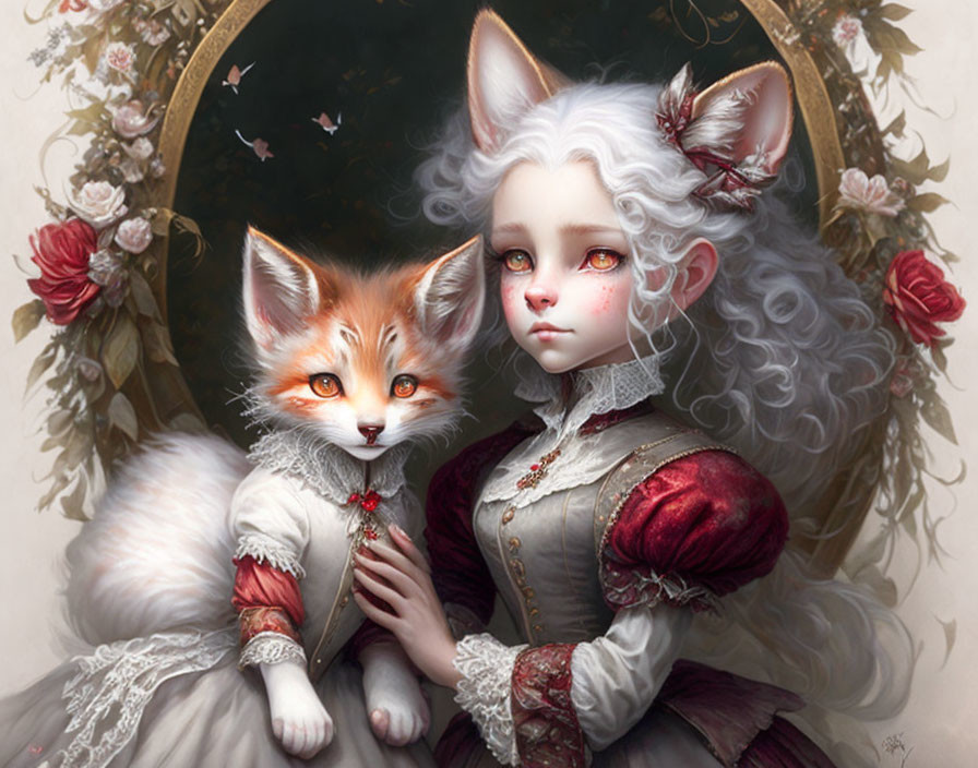 Anthropomorphic girl and fox in vintage red attire by floral-framed mirror