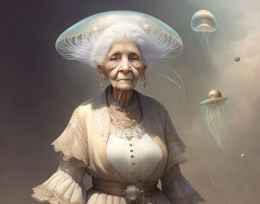 Elderly woman in vintage attire with jellyfish head in surreal portrait