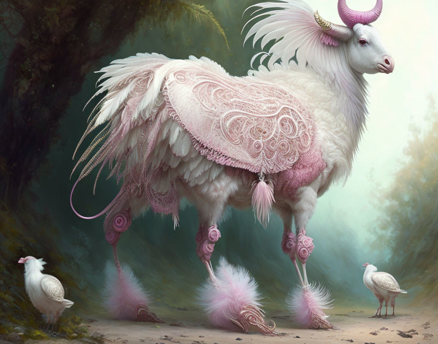 Majestic white goat-like creature with wings in misty forest