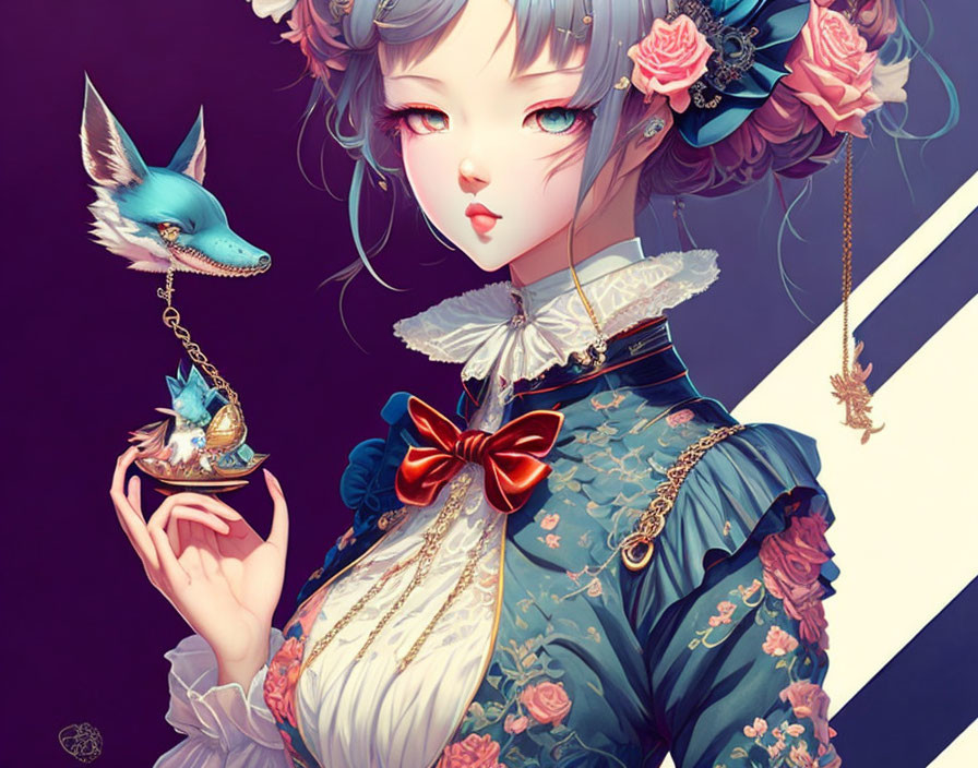 Ornately dressed anime-style girl with mechanical fox in rich colors