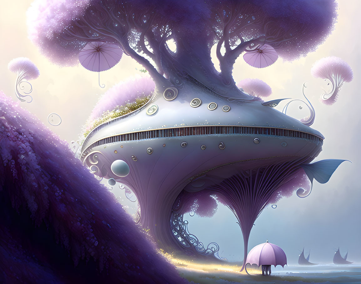 Surreal landscape with giant tree, mushroom cap, jellyfish plants, and violet sky