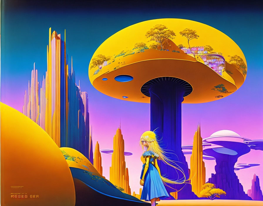 Colorful sci-fi artwork: girl with long hair in surreal landscape.