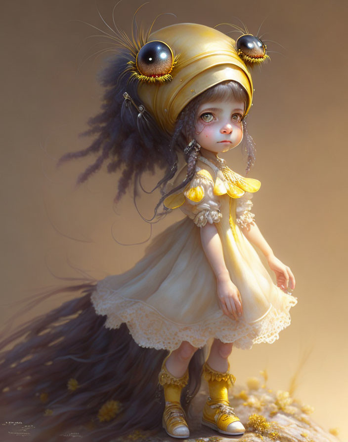 Whimsical digital artwork featuring a girl in a bee-themed helmet and yellow dress on sepia background