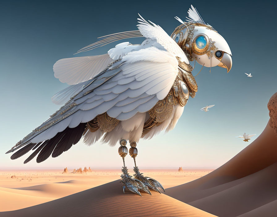 Steampunk mechanical owl in desert with metalwork and gears