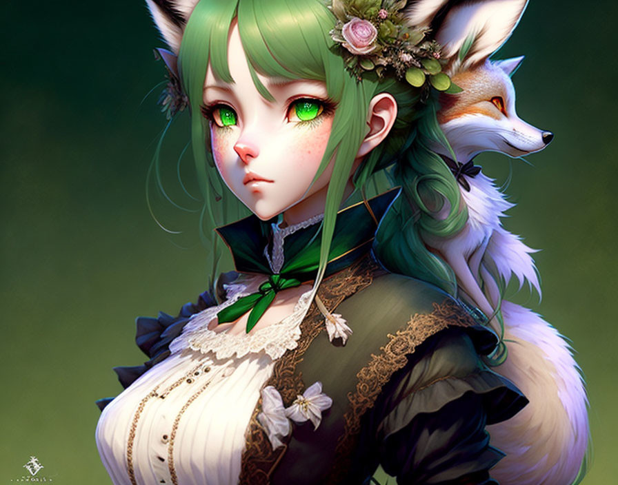 Fantasy illustration: Girl with green hair, fox ears, green eyes, floral headpiece, Victorian