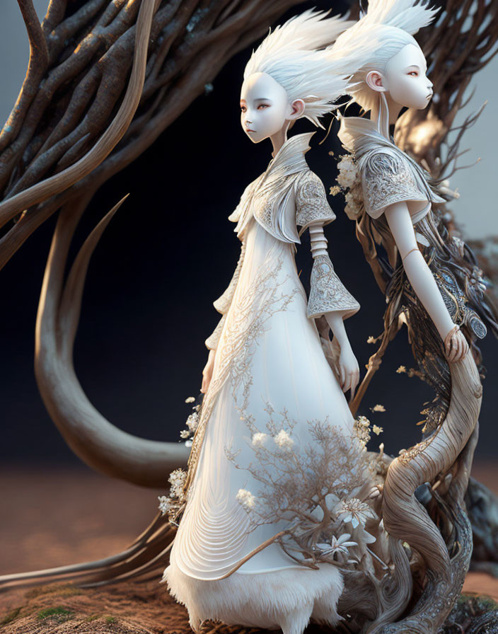 Ethereal Fantasy Characters in Elaborate White Garb among Nature-Inspired Designs