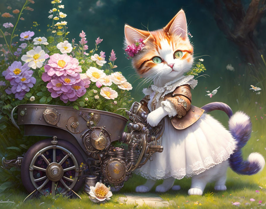 Anthropomorphic cat in dress and hat by steampunk cart in flower garden