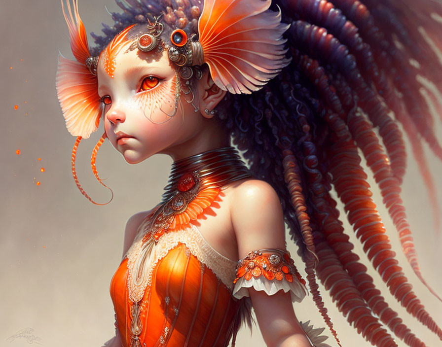 Fantasy portrait of a girl with mechanical accents and butterfly-like ears in orange hues.