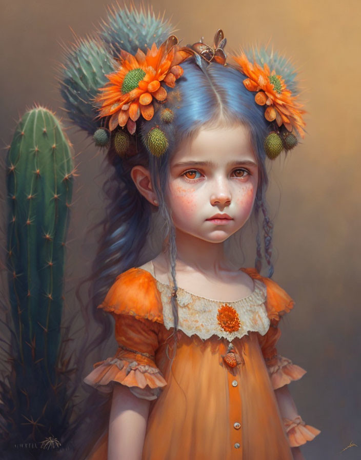 Young girl with blue hair and teary red eyes in orange dress with flower crown and cactus.