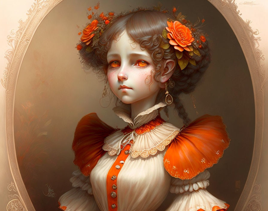 Young girl portrait with large eyes, orange flowers, vintage attire, ornate circular frame