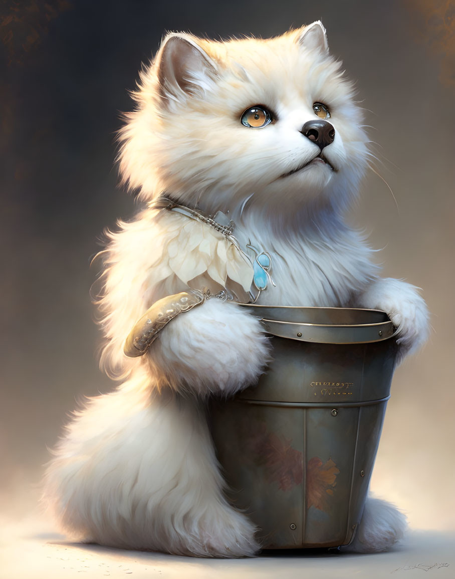 Fluffy white cat with blue eyes in chain necklace sitting in metal bucket