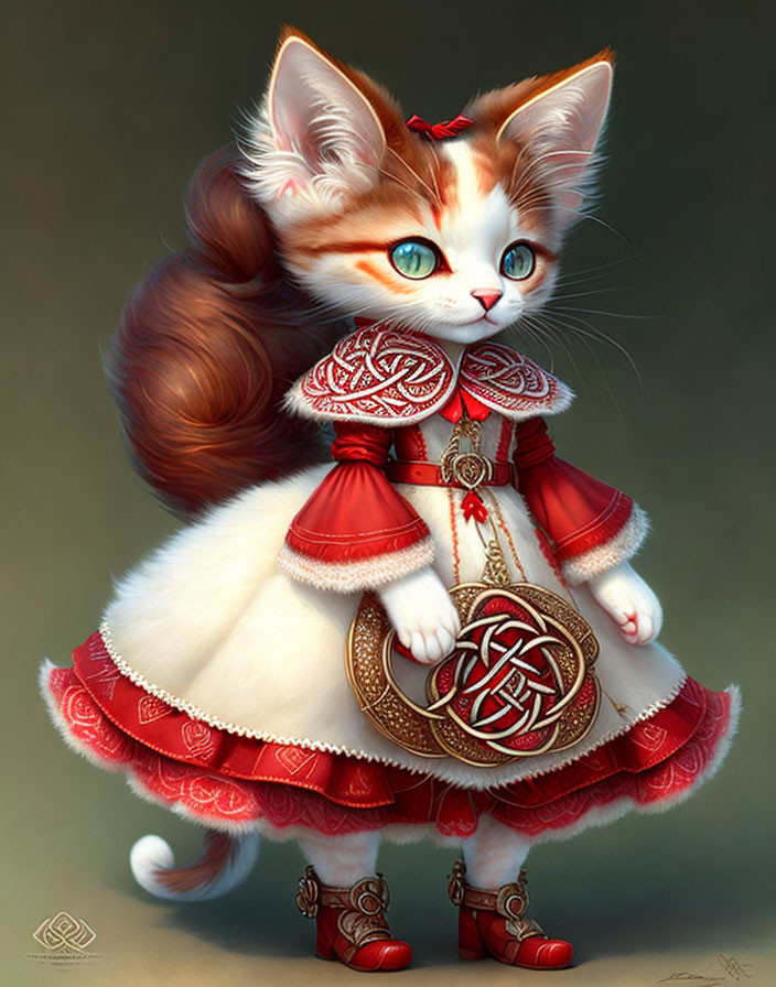 Detailed illustration of anthropomorphic kitten in ornate red and white Celtic dress.