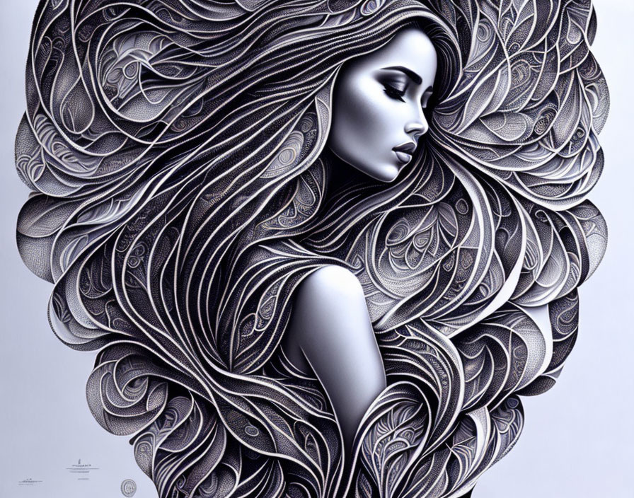 Monochrome illustration of woman with flowing hair and intricate wave patterns