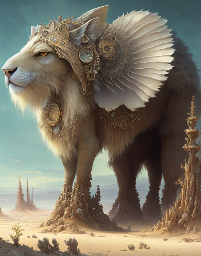 Fantasy lion with ornate mechanical headdress in desert landscape