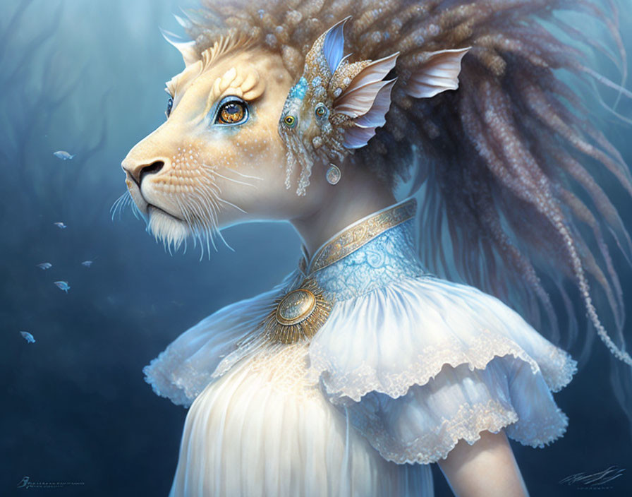 Lion-headed humanoid creature in ornate attire on misty blue background