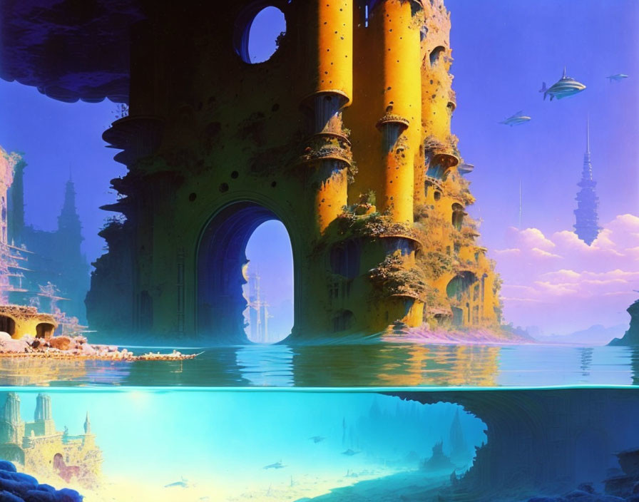 Futuristic underwater city with towering structures and aircrafts in blue waters