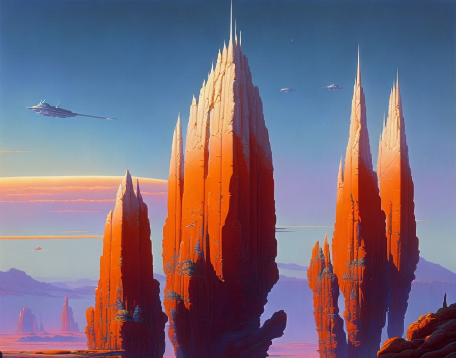 Futuristic landscape with red spires, purple sky, and flying ships at sunset