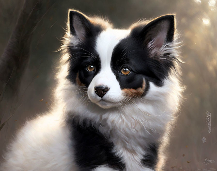 Realistic digital painting of black and white dog with tan markings