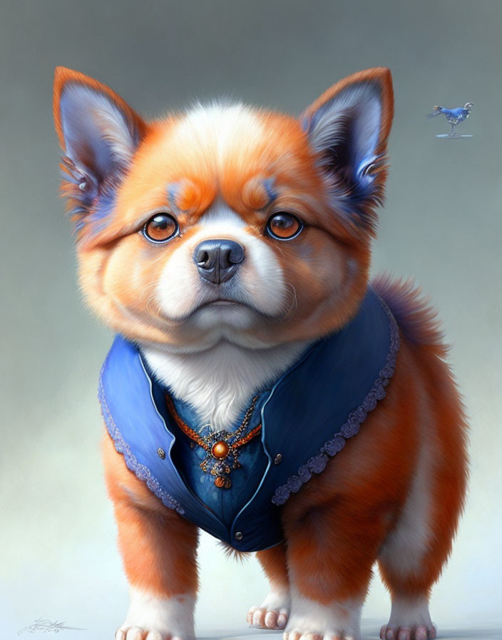 Illustration of orange and white dog in blue vest with medallion and bird