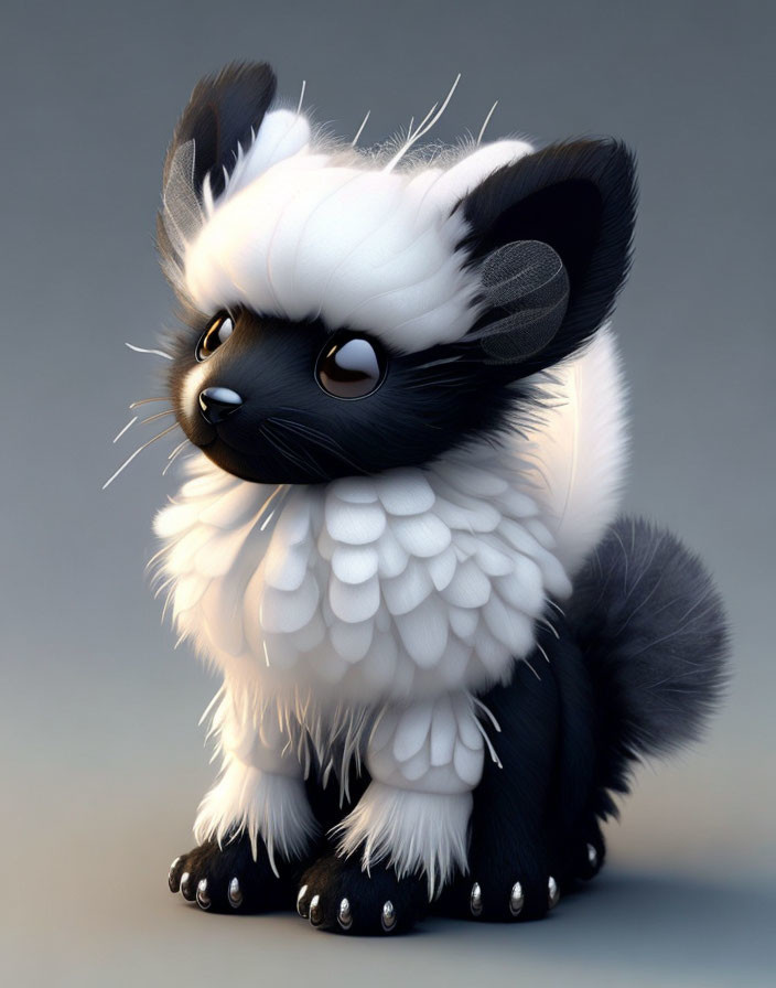 Stylized digital illustration of a fluffy black and white fantasy creature