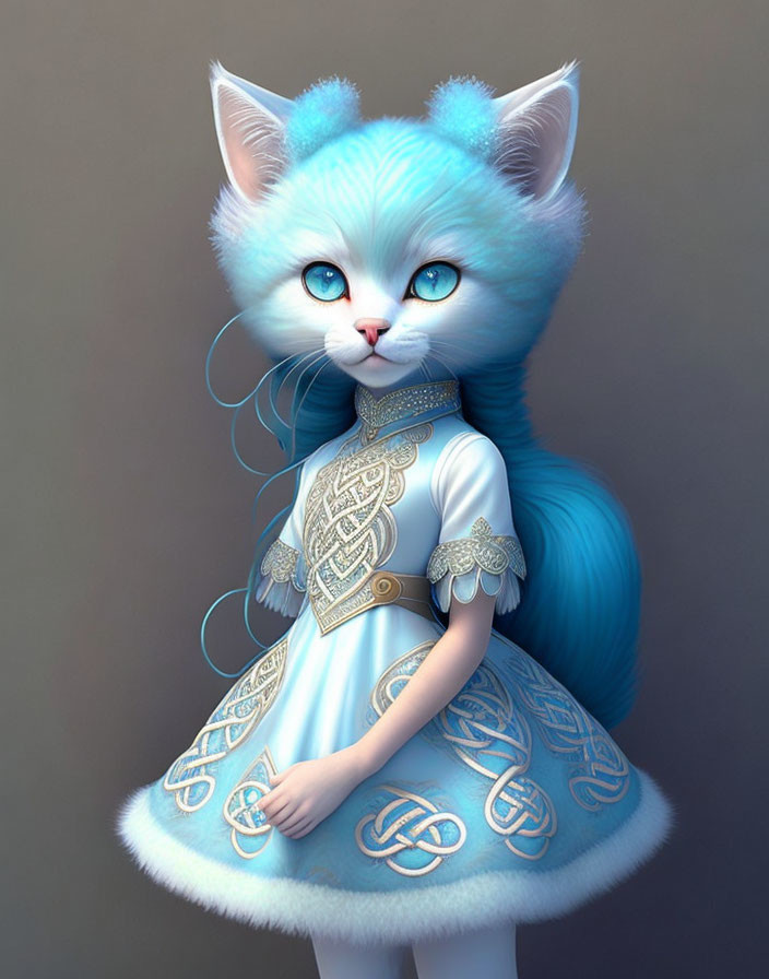 Blue anthropomorphic cat in white-gold dress on grey background