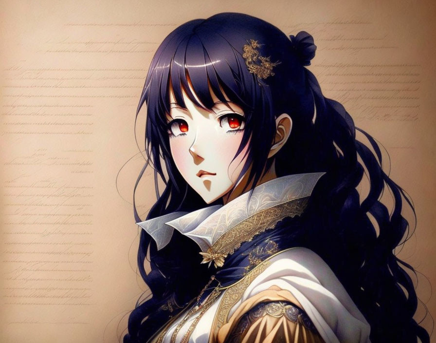 Dark-haired female character in white and blue outfit on parchment background.