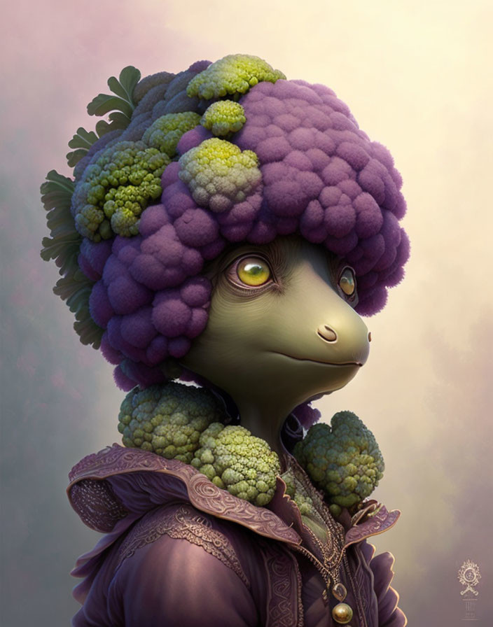 Colorful anthropomorphic creature with broccoli head in maroon coat on pastel backdrop