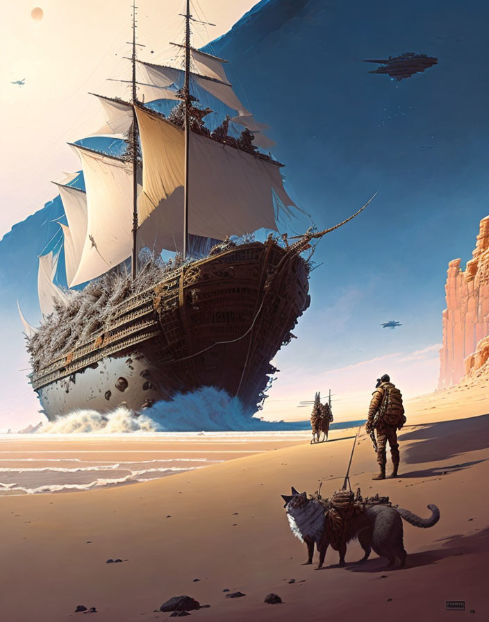 Shipwreck scene with figures, wolves, futuristic ships, and planets.