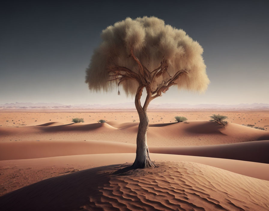 Solitary Tree with Lush Canopy in Desert Sand Dunes