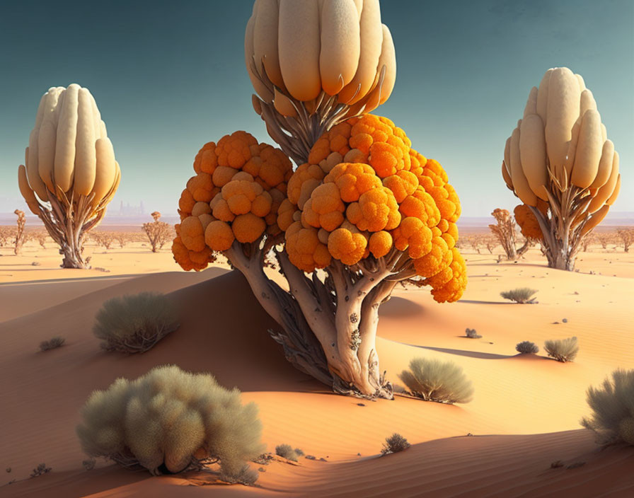 Orange bulbous trees in surreal desert landscape