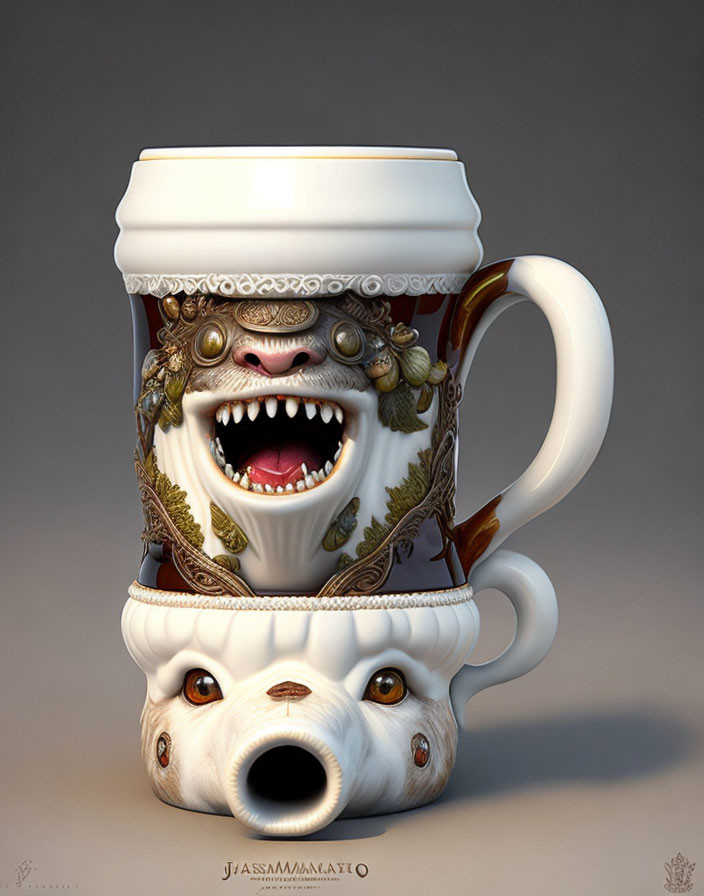 Layered Mug Illustration with Intricate Designs and Expressive Faces