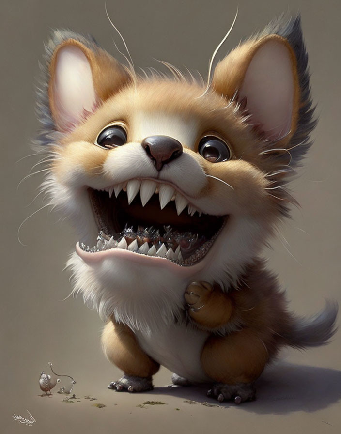 Whimsical creature with large grinning mouth and sharp teeth holding tiny creature