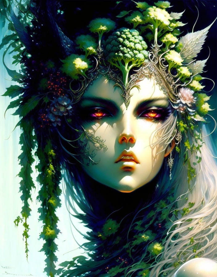 Illustrated female figure with red eyes and nature-themed headdress.