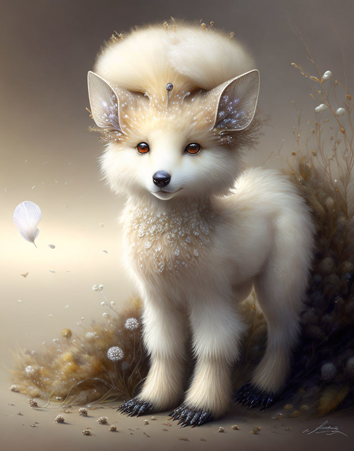 Fluffy fox with dewdrops and plants in whimsical illustration