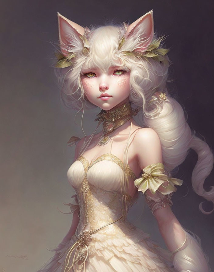 Fantasy character with white feline ears and golden eyes in elegant ivory attire