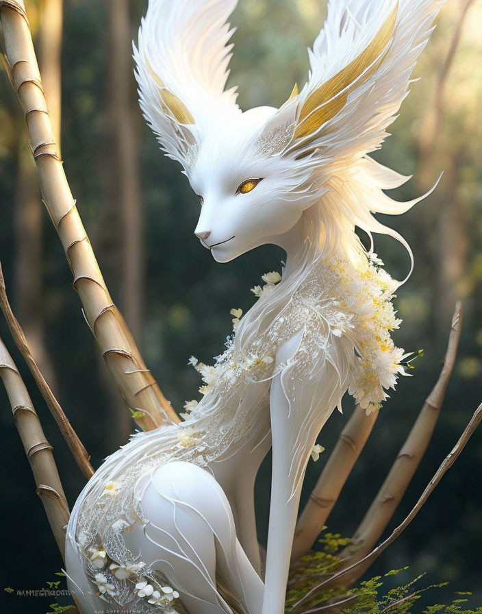 Elegant white fox creature with floral patterns in bamboo setting