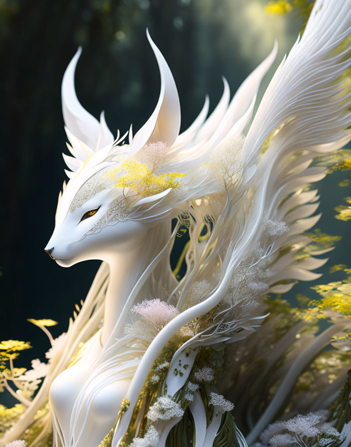 Ethereal white dragon with antler-like horns in mystical forest