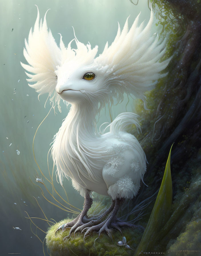 Fantastical white bird with leaf-like plumage perched in misty green forest