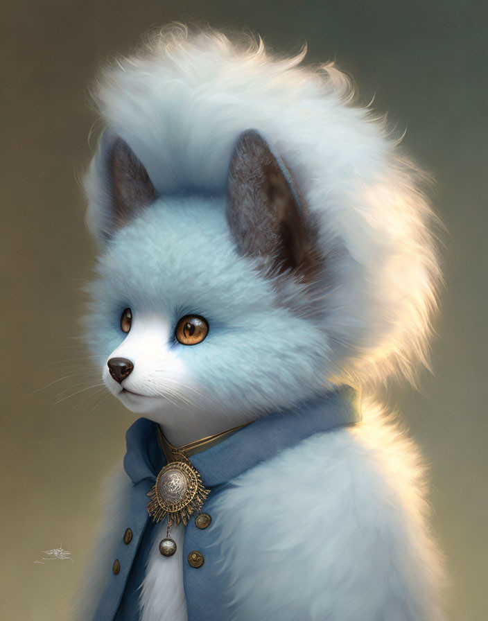 Fluffy White and Blue Fox with Blue Scarf and Brooch