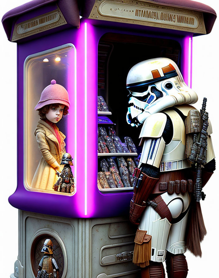 Young girl in booth with pastel lights observes stormtrooper with detailed armor and weapon