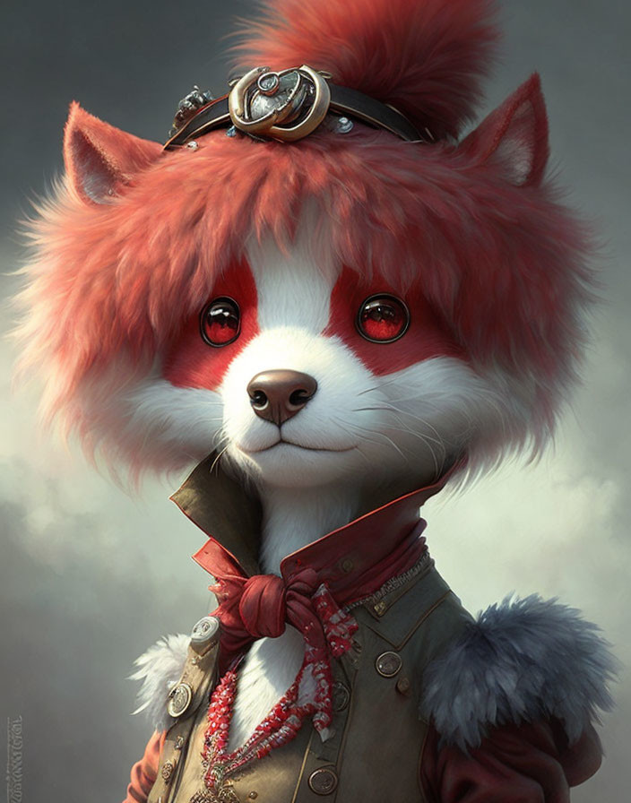 Anthropomorphic red fox character in steampunk outfit with goggles and necklace