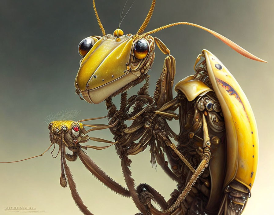 Detailed digital illustration of two mechanical insects with yellow and metallic bodies