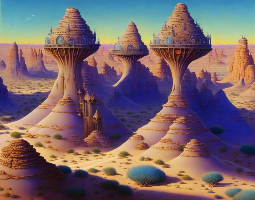 Fantastical desert landscape with towering mushroom-shaped structures under twilight sky.