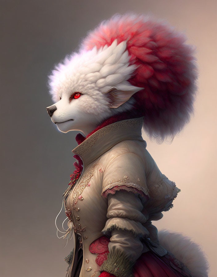 White Fox with Red Eyes in Ornate Vintage Jacket