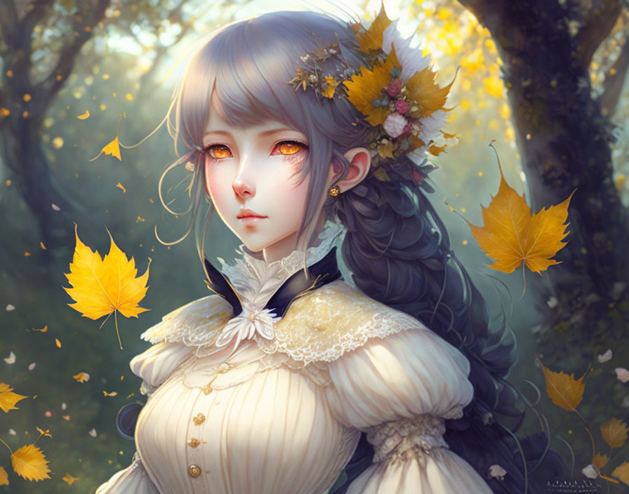 Illustrated girl with grey hair, red eyes, Victorian dress, and yellow flowers in falling leaves.