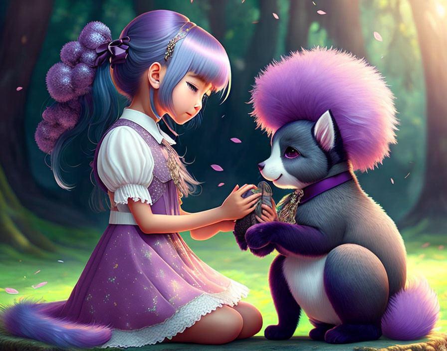 Purple-haired girl in white dress offers seed to fantastical creature in serene forest glade