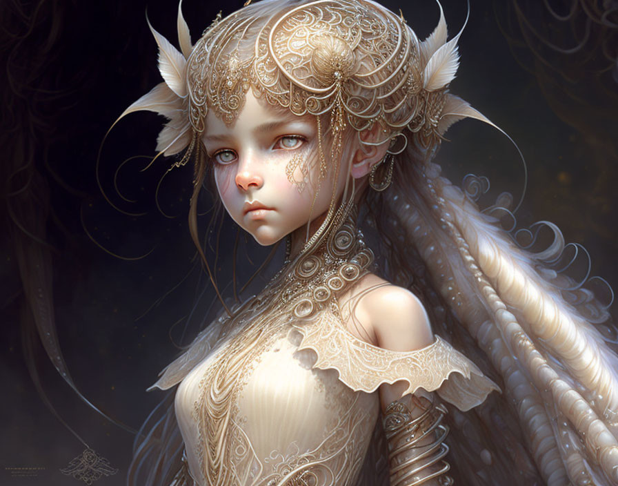 Fantasy female character with elfin features and ornate headdress on dark background