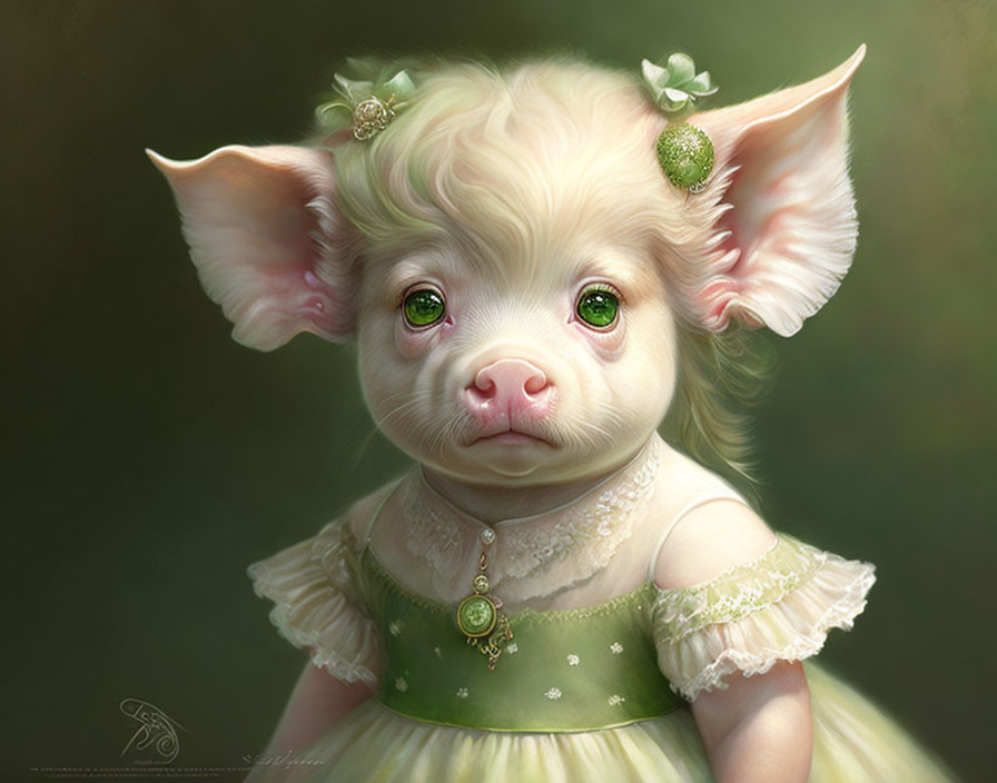 Whimsical piglet in green dress with flowers and pendant