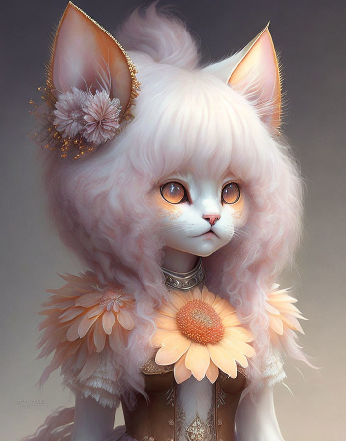 Fluffy pink anthropomorphic cat with orange eyes and sunflower collar